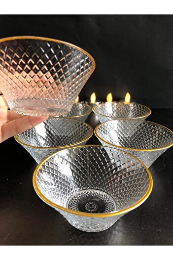 DİBA AVM Glass Bowl 6-Piece Glass Gold Gilt Glass Bowl - 9 Cm Pattern 6-Piece Box