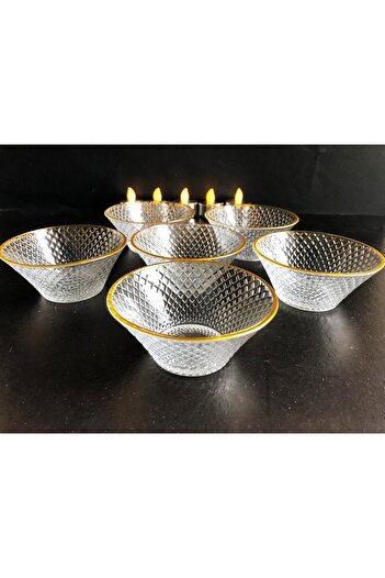 DİBA AVM Glass Bowl 6-Piece Glass Gold Gilt Glass Bowl - 9 Cm Pattern 6-Piece Box