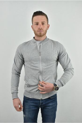 Moda Işık Gray Bomber Collar Zipper Cardigan