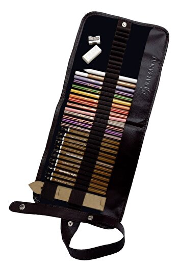 BAL SANAT 30 Piece Sketch Set And Roll Pen Holder Black