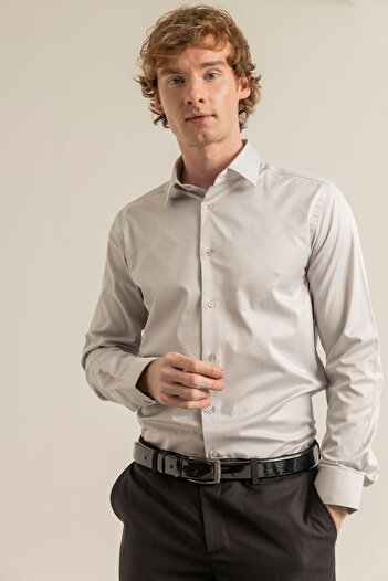 alenmeza Erkek Açık Gri Rengi %100 Pamuk Saten Non-ıron Ütü Istemeyen Casual Cepsiz Modern Fit Gömlek