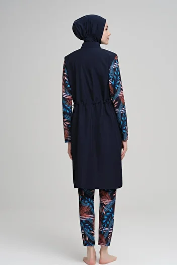 Nehar 3 Piece Hijab Swimsuit Set with Arm and Tights Patterned Navy Blue Jelly 2230
