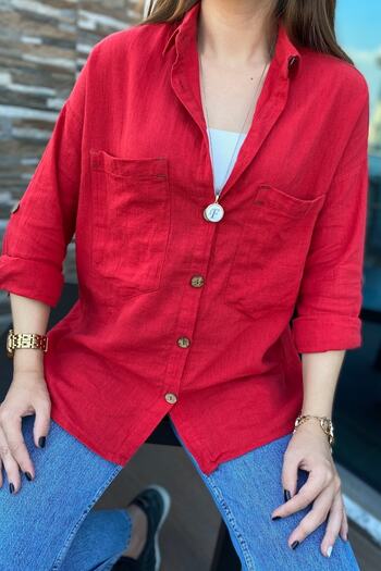 FEMELLE Women's Red Wooden Button Cotton Linen Shirt