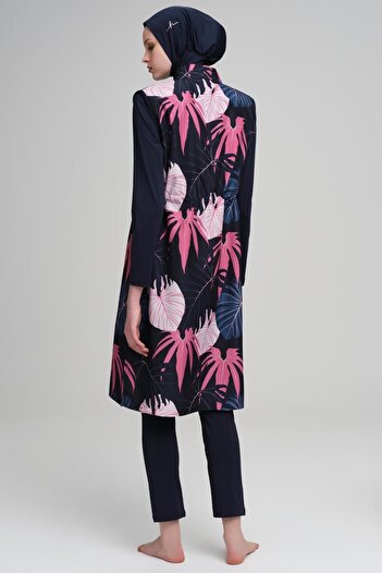 Haşema Pink Palm Patterned Navy Blue Jelly 4 Piece Hijab Swimsuit Set