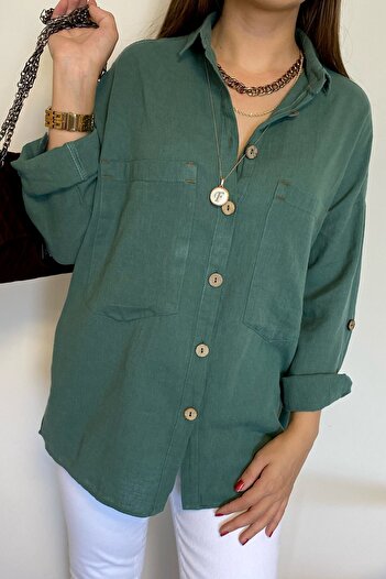 FEMELLE Women's Khaki Wooden Button Cotton Linen Shirt 65% Cotton 35% Linen
