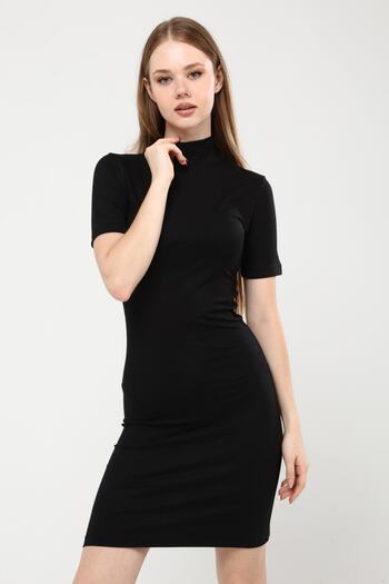 ALL TIME Women's Black Turtleneck Short Sleeve Knitted Mini Dress