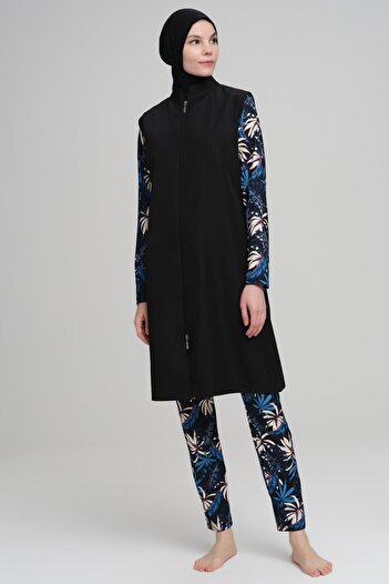 Nehar Blue Leaf Patterned Black Jelly 3 Piece Hijab Swimsuit Set 2226