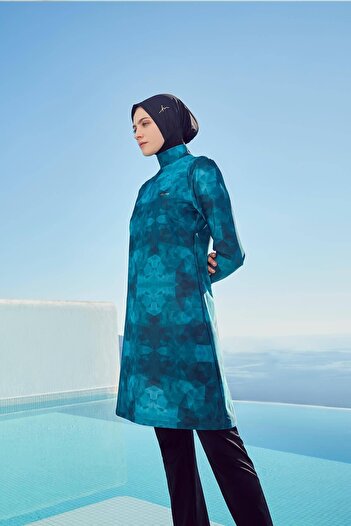 Haşema Patterned Green Lycra 4 Piece Hijab Swimsuit Set