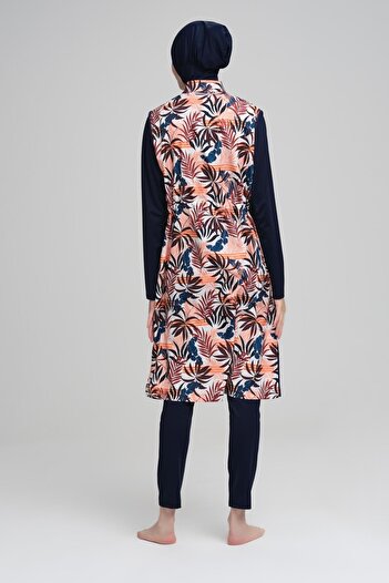 Nehar Leaf Patterned Navy Blue Jelly 3 Piece Hijab Swimsuit Set 2223