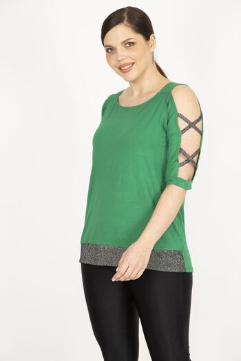 Şans Women's Green Large Size Shoulder Low-cut Glitter Garnished Blouse 65n36181