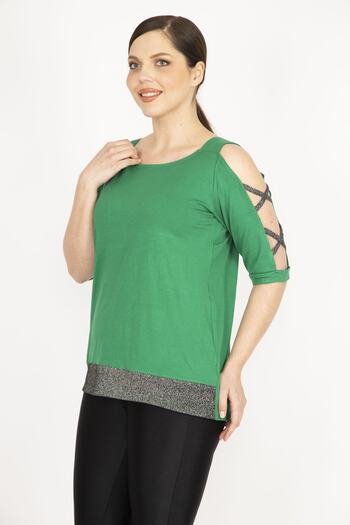 Şans Women's Green Large Size Shoulder Low-cut Glitter Garnished Blouse 65n36181