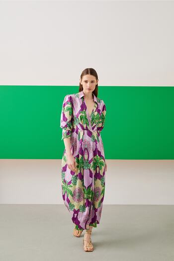 Jus De Pommes Leaf Patterned Shirt Collar Long Sleeve Maxi Dress