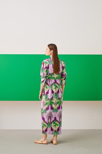 Jus De Pommes Leaf Patterned Shirt Collar Long Sleeve Maxi Dress