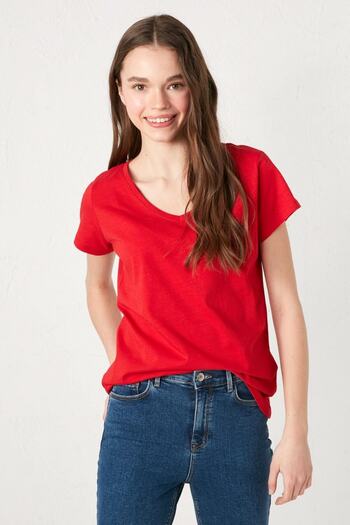 LC Waikiki Women's Red T-Shirt V-Neck Solid Short Sleeve Basic from Your Fashion Style