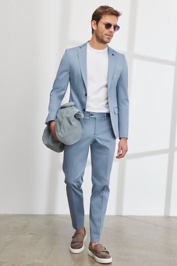 ALTINYILDIZ CLASSICS Men's Blue Extra Slim Fit Slim Fit Mono Collar Diagonal Pattern Cotton Conte Suit