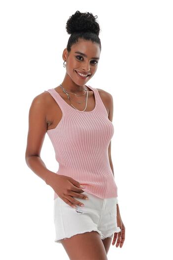 CHUBA Ribbed Cut Women's Knitwear Tank Top - Pool Collar, Thin Cotton, Pink 23s1015