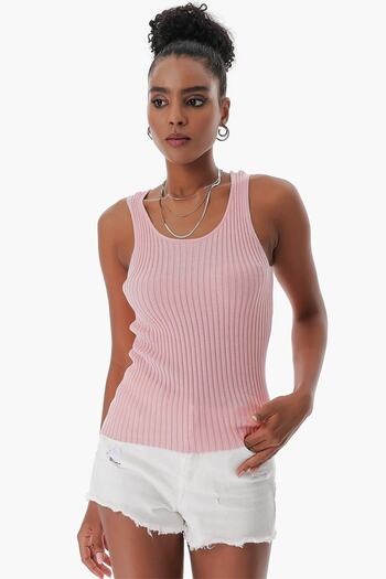 CHUBA Ribbed Cut Women's Knitwear Tank Top - Pool Collar, Thin Cotton, Pink 23s1015