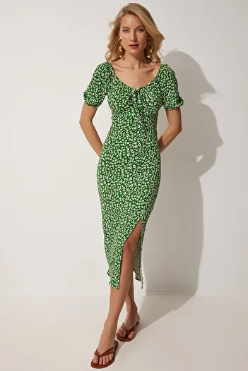 Happiness İstanbul Grünes Sommer-Strickkleid mit Carmenkragen und Schlitz für Damen FF00113