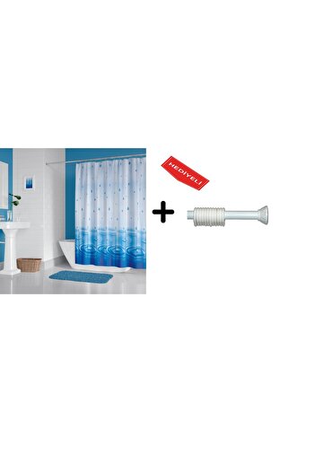 Zethome Banyo Duş Perdesi 5020 Mavi 120x200 Perde Borusu Askı Aparatı 90x130 Hediyeli