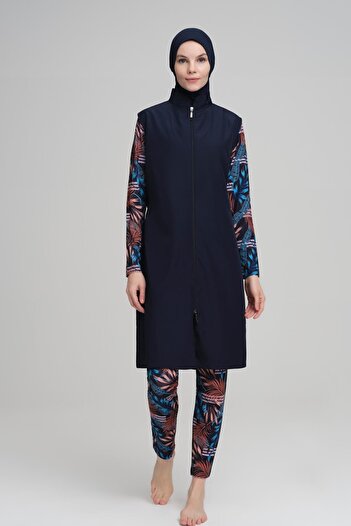 Nehar 3 Piece Hijab Swimsuit Set with Arm and Tights Patterned Navy Blue Jelly 2230