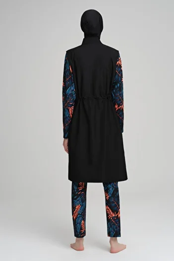 Nehar Colorful Leaf Patterned Black Jelly 3 Piece Hijab Swimsuit Set 2229