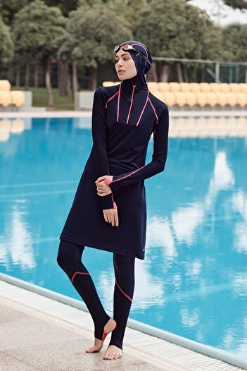 Haşema Performance Series Navy Blue Lycra 4 Piece Hijab Swimsuit Set with Foot Tape Detail H-per 30