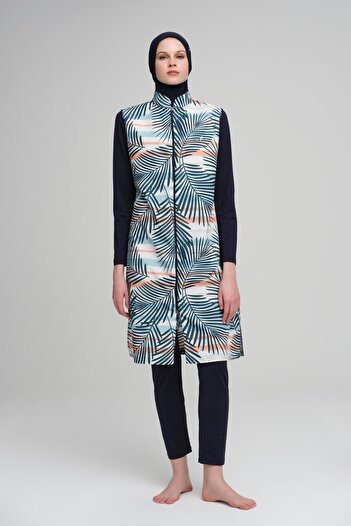 Haşema Palm Leaf Patterned Navy Blue Jelly 4 Piece Hijab Swimsuit Set