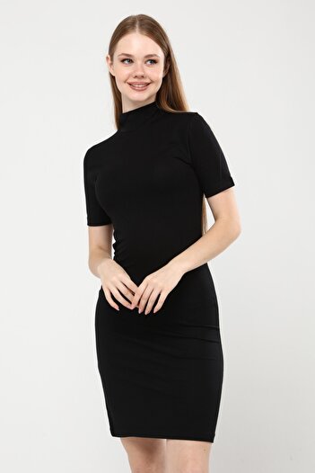 ALL TIME Women's Black Turtleneck Short Sleeve Knitted Mini Dress