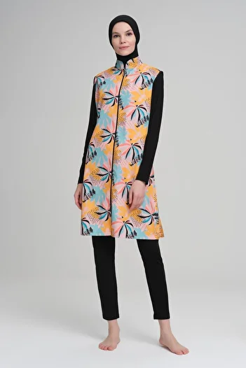 Nehar Pastel Palm Patterned Black Jelly 3 Piece Hijab Swimsuit Set 2207