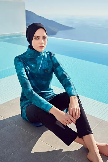 Haşema Patterned Green Lycra 4 Piece Hijab Swimsuit Set
