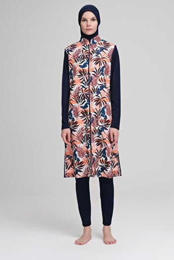 Nehar Leaf Patterned Navy Blue Jelly 3 Piece Hijab Swimsuit Set 2223