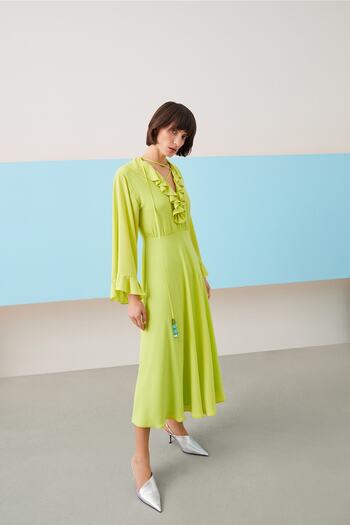 Jus De Pommes Green Ruffle Collar Long Sleeve Midi Dress
