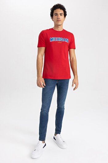 DeFacto Μπλουζάκι Slim Fit Crew Neck με στάμπα 100% βαμβάκι