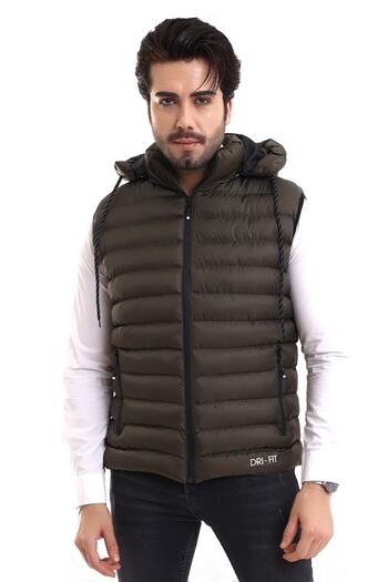 WAPP Men's Khaki Inner Pocket Gel Padding Removable Zipper Hood Daily Sports Puffer Vest