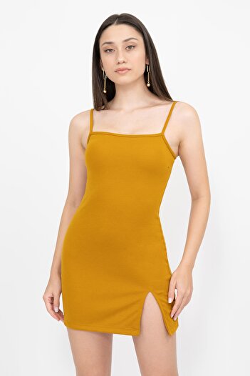 Soyo Rochie mini cu bretele cu fante muștar pentru femei
