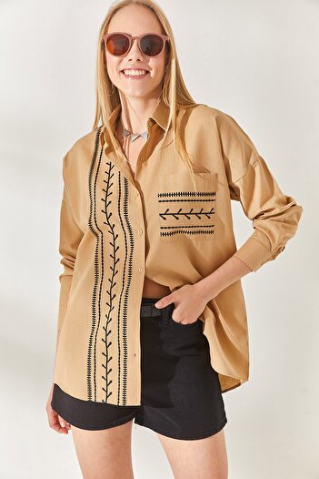 Olalook Camel Pocket Detailed Printed Woven Shirt GML-19000985
