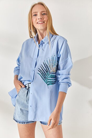 Olalook Baby Blue Palm Sequin Λεπτομερής υπερμεγέθη υφαντό πουκάμισο από ποπλίνα GML-19001016