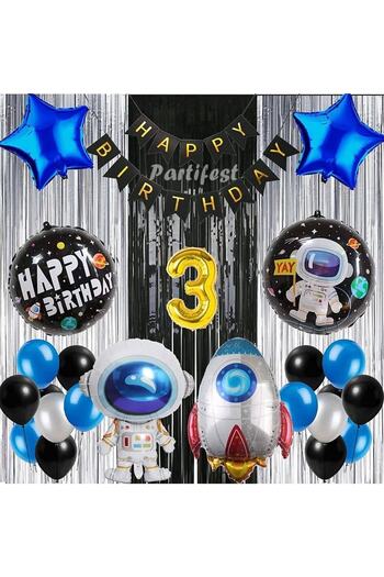 Parti Station Cosmic Space 3 Year Old Balloon Set Galaxy Concept Helium Balloon Set Astronaut Space Shuttle Birthday Set