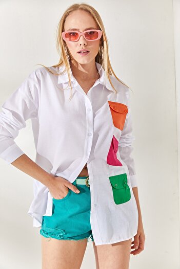 Olalook Weißes, fuchsiafarbenes Oversize-Webhemd für Damen mit Taschendetail GML-19001051