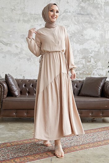 InStyle Merya Tunel Belted Soft Ayrobin Dress - Béžové