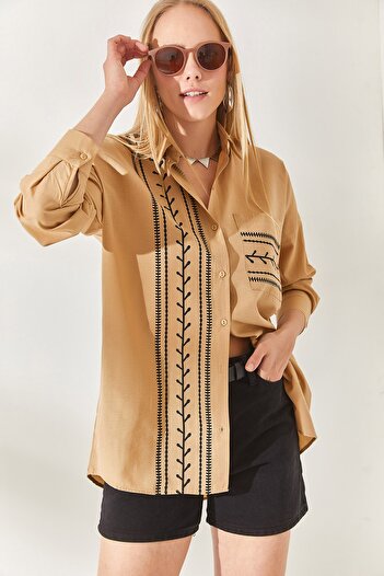 Olalook Camel Pocket Detailed Printed Woven Shirt GML-19000985