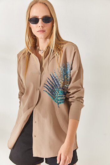 Olalook Mink Palm Sequin Detailed Oversize Woven Poplin Shirt GML-19001016