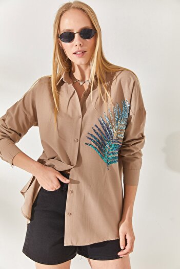 Olalook Mink Palm Sequin Detailed Oversize Woven Poplin Shirt GML-19001016