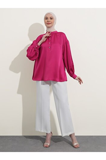 Refka Stoned Buttoned Satin Tunic - Fuchsia - Woman