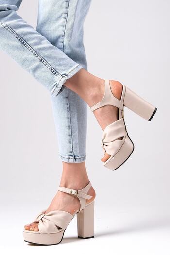 Mio Gusto Leonie Beige Cross-Strapped Platform Women's Heeled Sandals