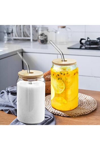 SAVORYHOME Isıya Dayanıklı Cam Pipetli Ahşap Kapaklı Bubble Tea Ve Borosilikat Bardak Kahve Sunum Bardağı 550ml