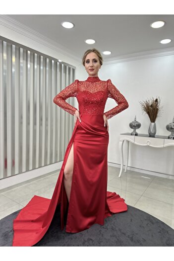 Rana Zenn Вечірні атласні сукні з бісером з деталями верхньої частини Прозора спідниця з хвостом і розрізами червона