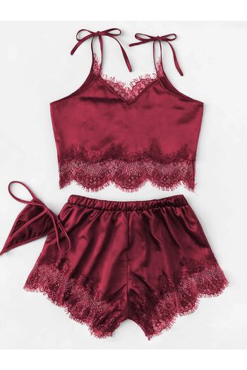 PEMBİŞ HOMEWEAR Flex 3'lü Bordo Saten Şort Takımı