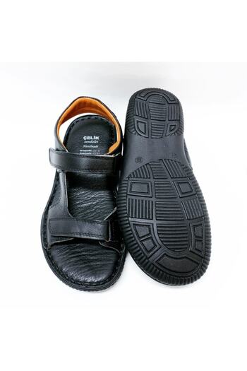 Çelik Men's Black Genuine Leather Sandals