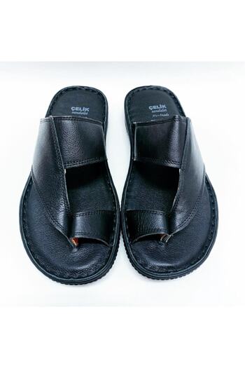 Çelik Men's Black Genuine Leather Flip Flops